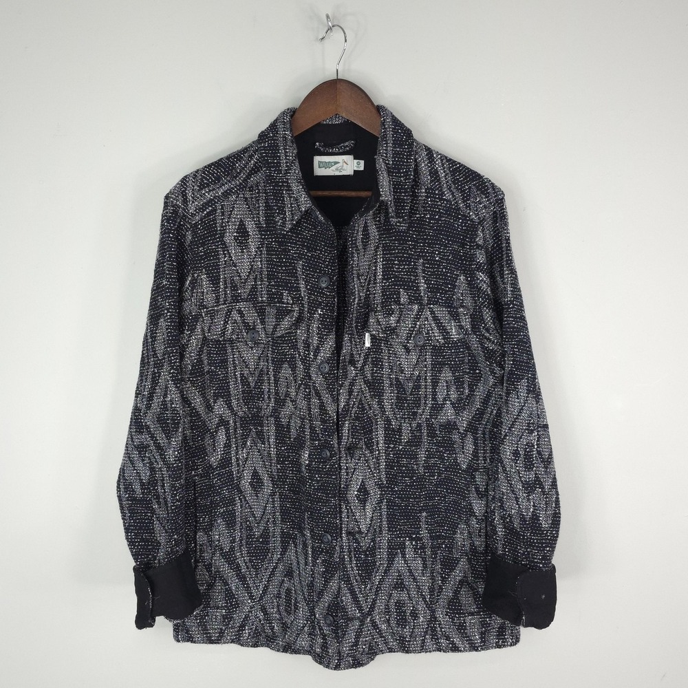 Wellen Jacket Mens Medium Black Gray Organic Cotton Aztec Button Up Shacket